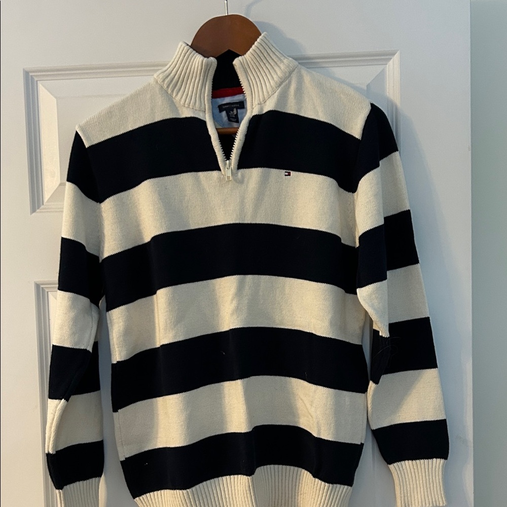 Tommy Hilfiger Boys Navy and Cream Striped Zip-Up Sweater